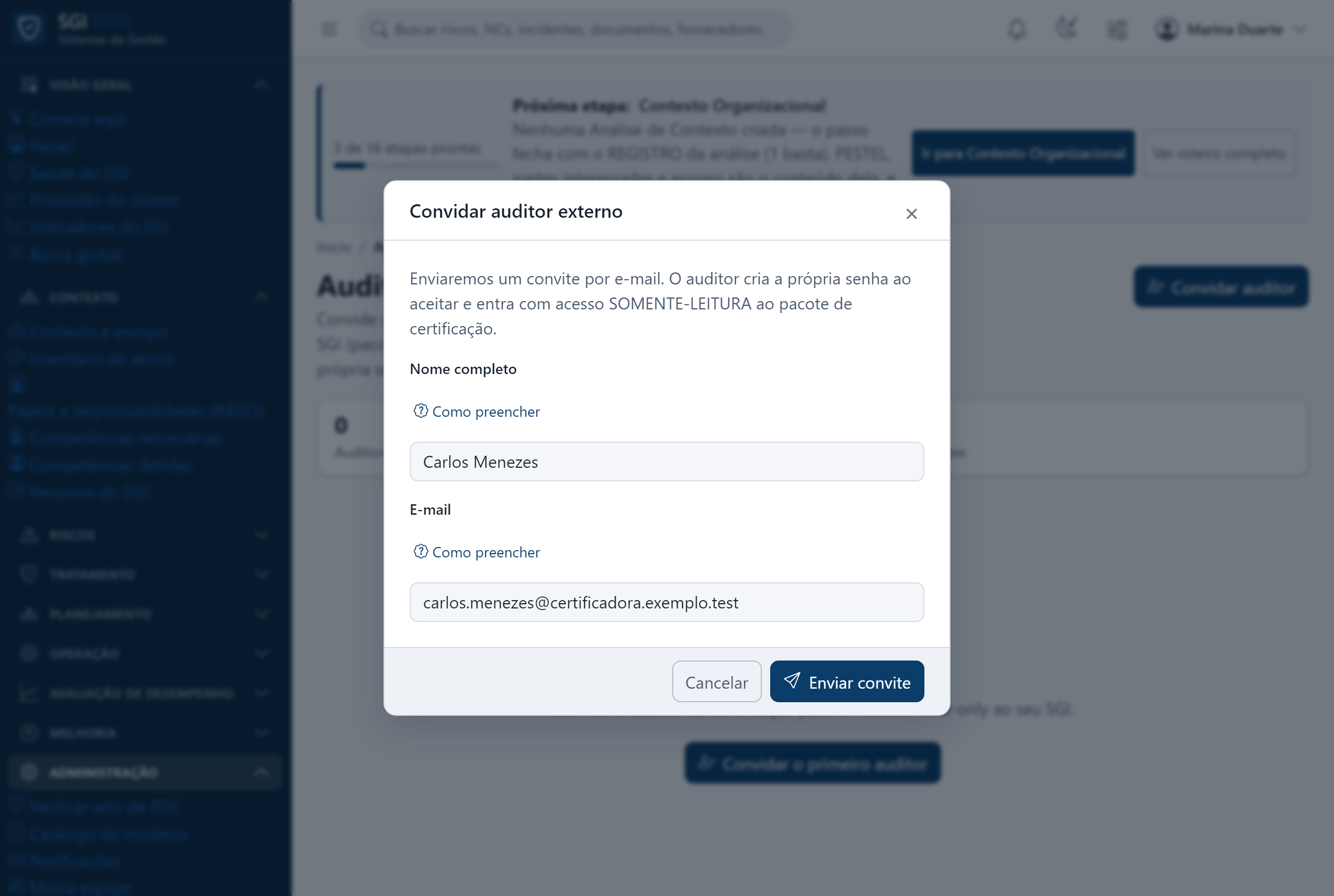 Modal de convite ao auditor externo, com o campo de e-mail e o aviso de acesso somente leitura